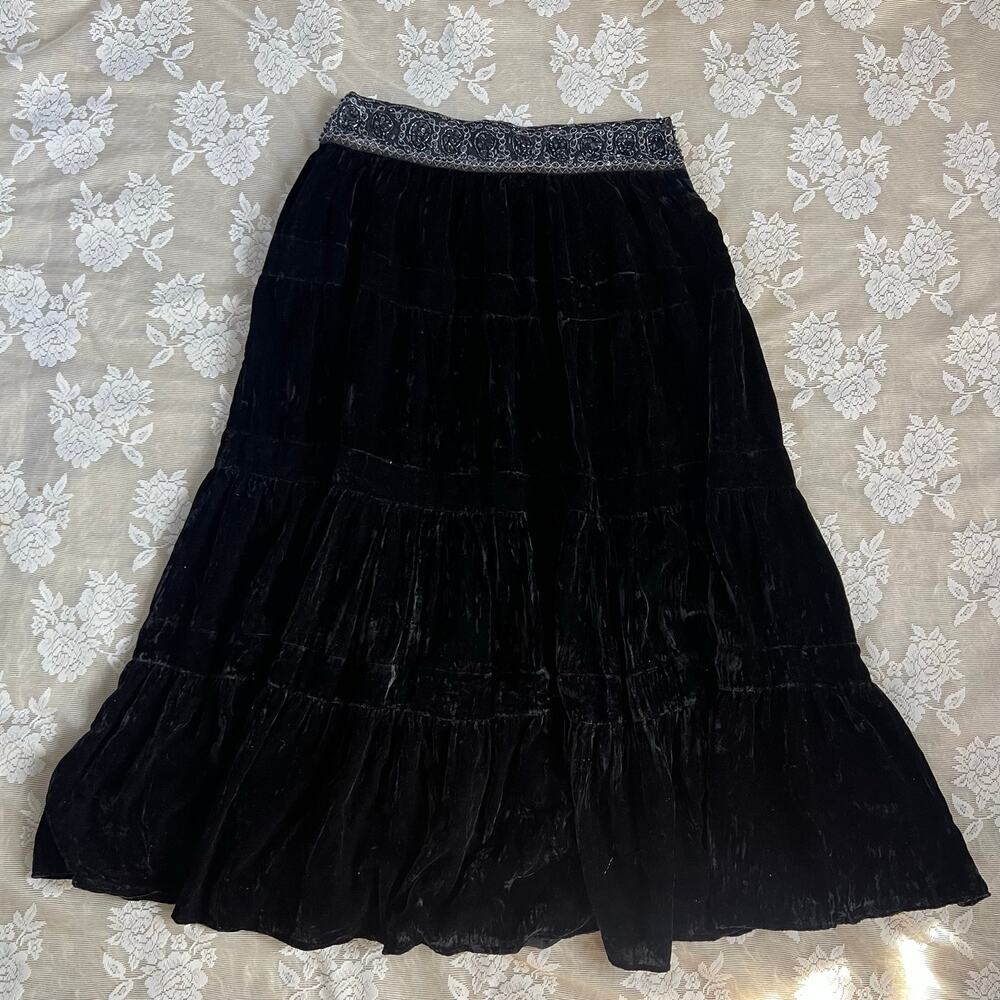 Vintage BCBG Max Azria Black Velvet Beaded Tiered Maxi Skirt NWT Size S